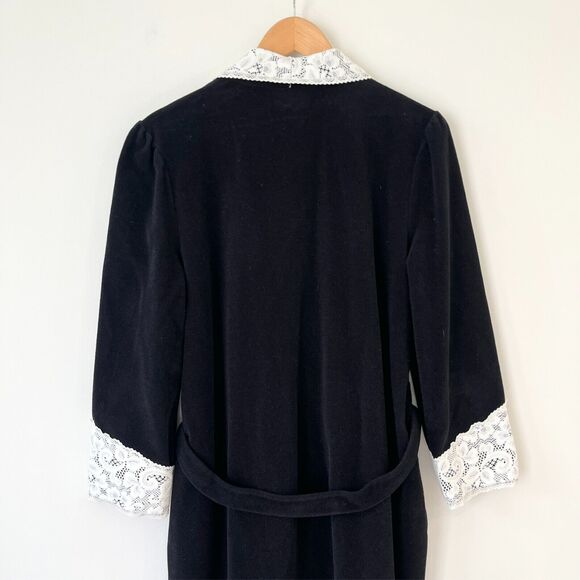 VTG 80s Vanity Fair Velour Maxi Dressing Gown Black Robe Housecoat Lace Trim M - Picture 7 of 10